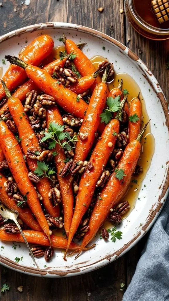 A plate of roasted carrots topped with honey-glazed pecans and herbs.