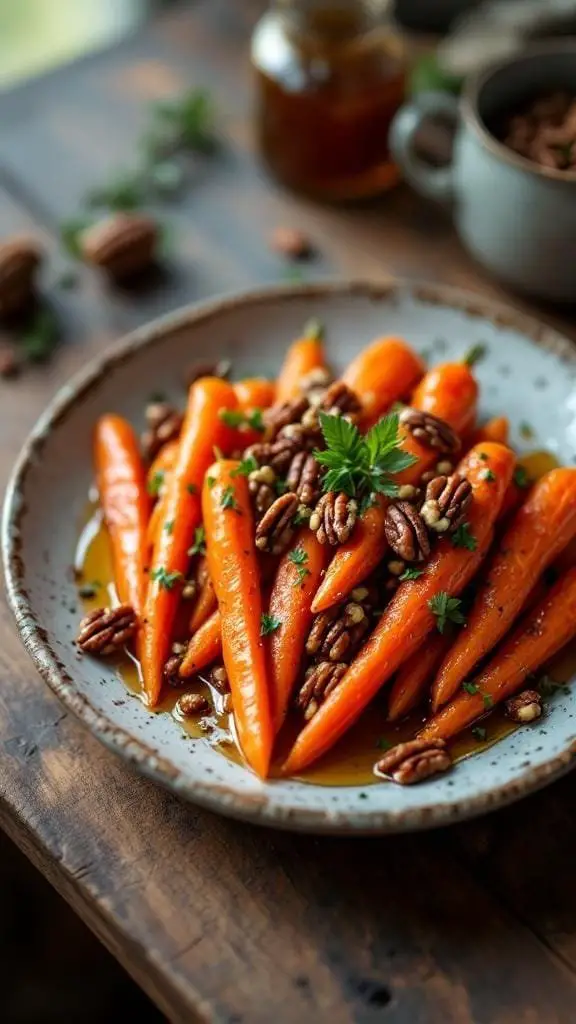 A plate of roasted carrots topped with honey-glazed pecans and herbs.