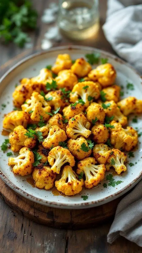 A plate of roasted cauliflower with turmeric and cumin garnished with fresh herbs.