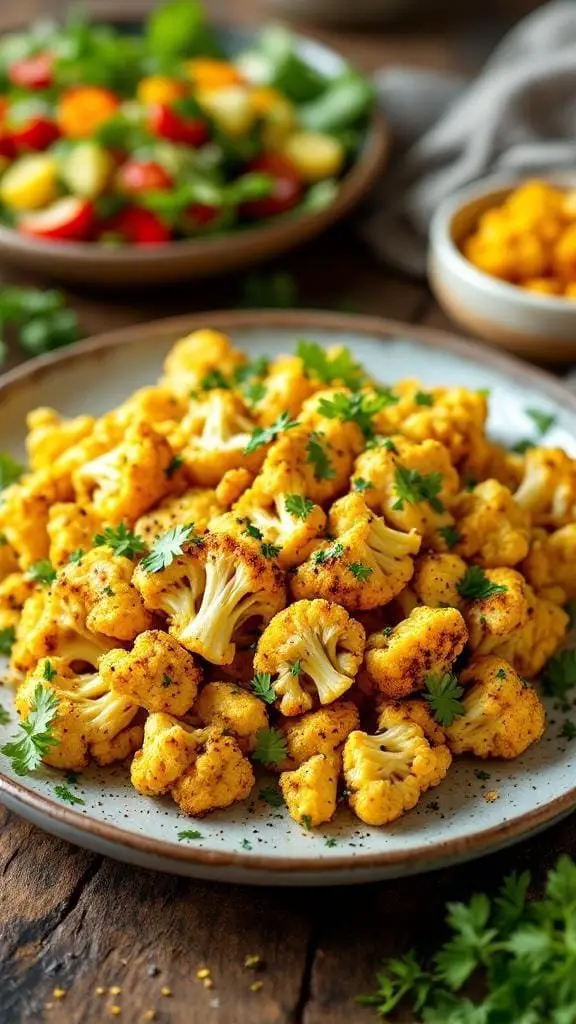 A plate of roasted cauliflower seasoned with turmeric and cumin, garnished with fresh herbs.