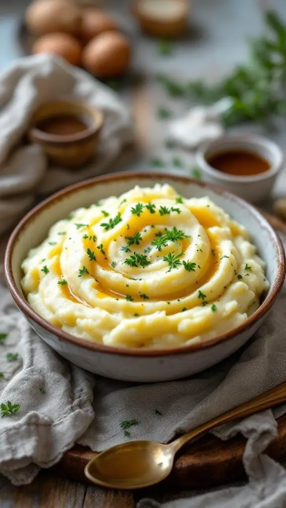 A bowl of creamy roasted garlic mashed potatoes garnished with herbs.