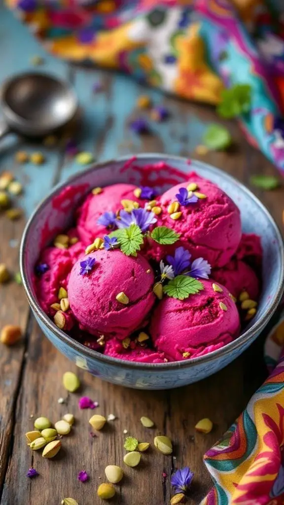 A bowl of vibrant pink beet ice cream topped with nuts and edible flowers.