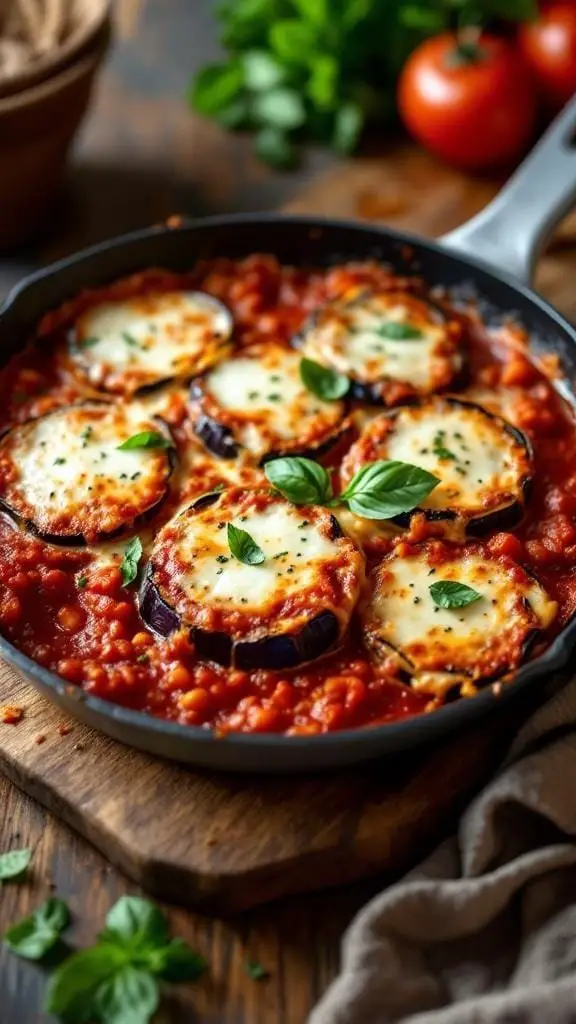 A skillet filled with eggplant parmesan topped with fresh basil leaves