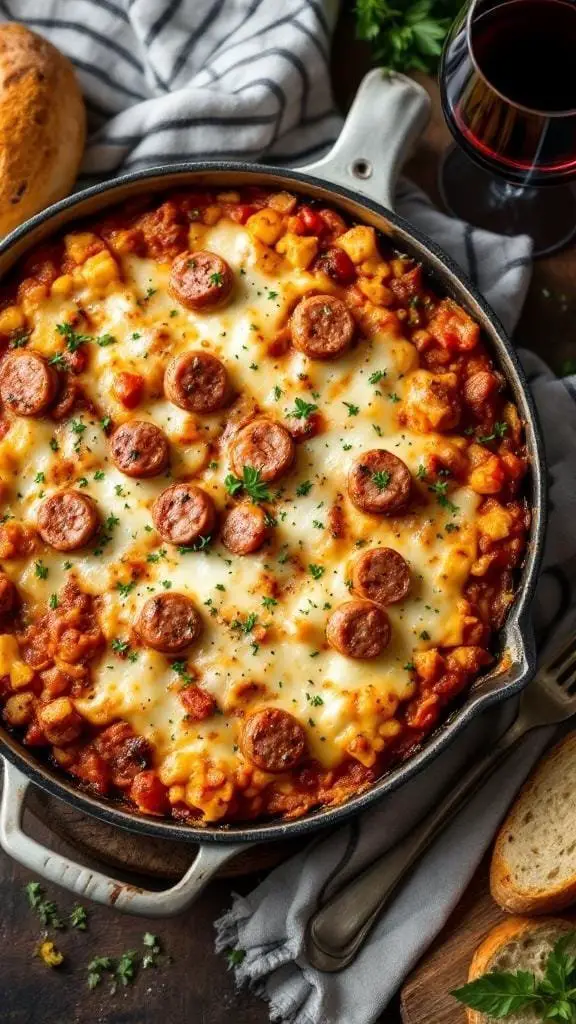 A delicious rustic Italian sausage casserole topped with melted cheese and garnished with parsley.