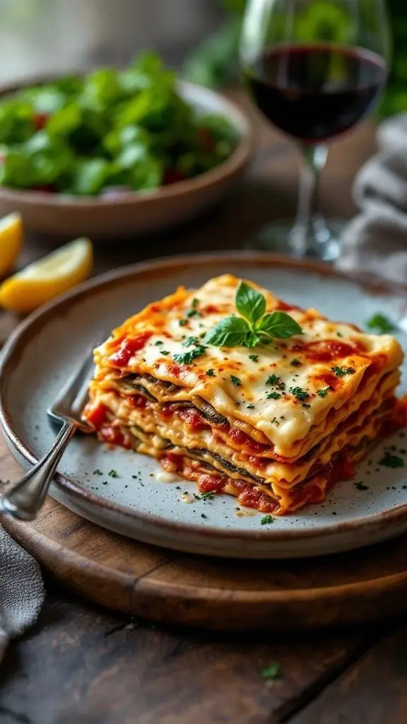 A plate of rustic Mediterranean eggplant lasagna with a glass of red wine and a side salad.