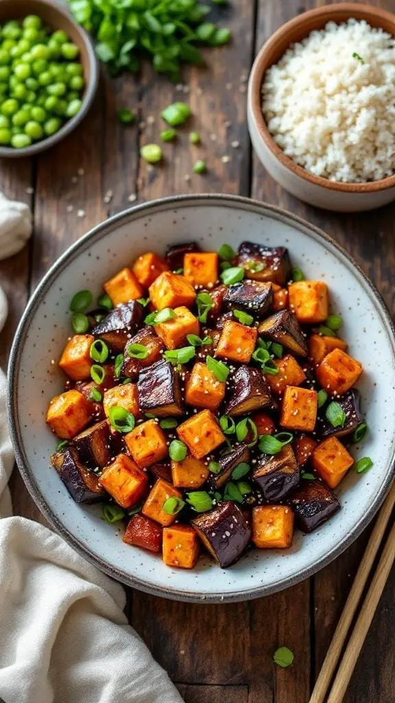 A bowl of savory Asian-style eggplant and crispy tofu garnished with green onions, served with rice.