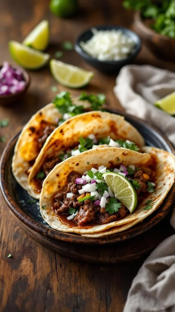 A plate of savory beef birria tacos garnished with lime and onions