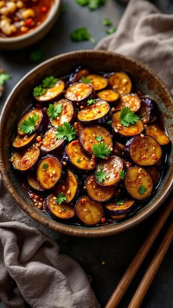A bowl of savory Chinese garlic eggplant garnished with cilantro