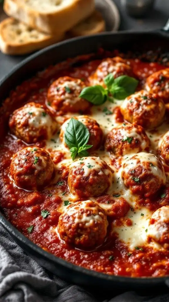 A skillet of baked meatballs in tomato sauce with melted cheese and fresh basil.