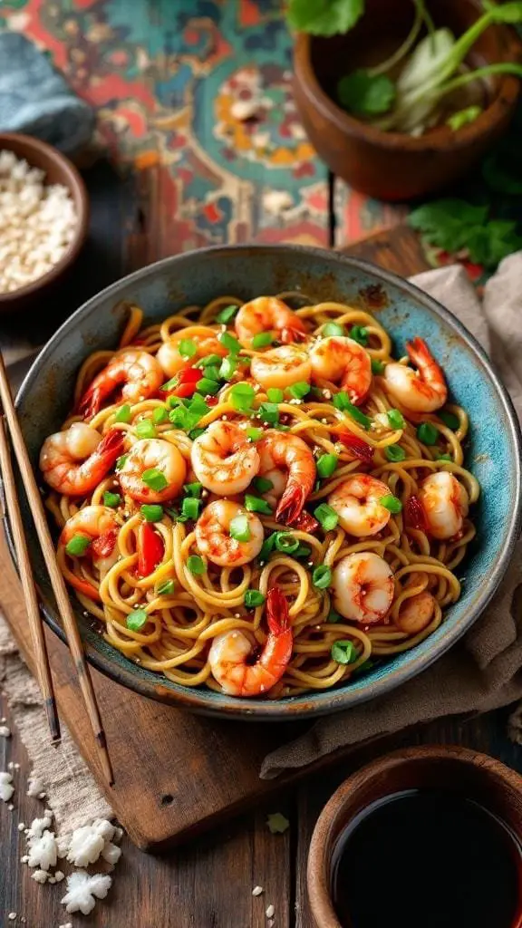 A bowl of Sizzling Asian Seafood Udon with shrimp and green onions