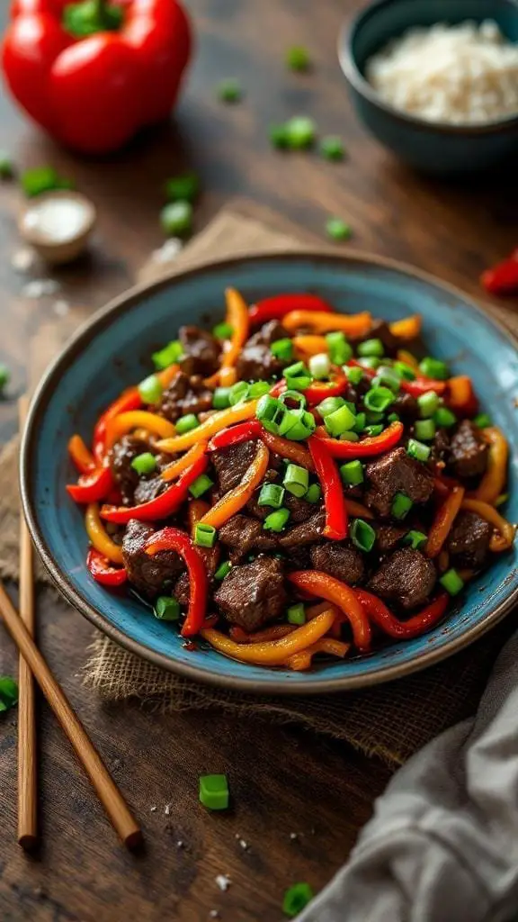A plate of Sizzling Black Pepper Beef with colorful bell peppers and green onions