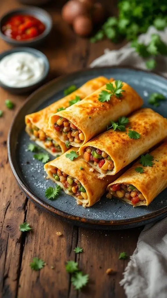 A plate of crispy chimichangas garnished with cilantro