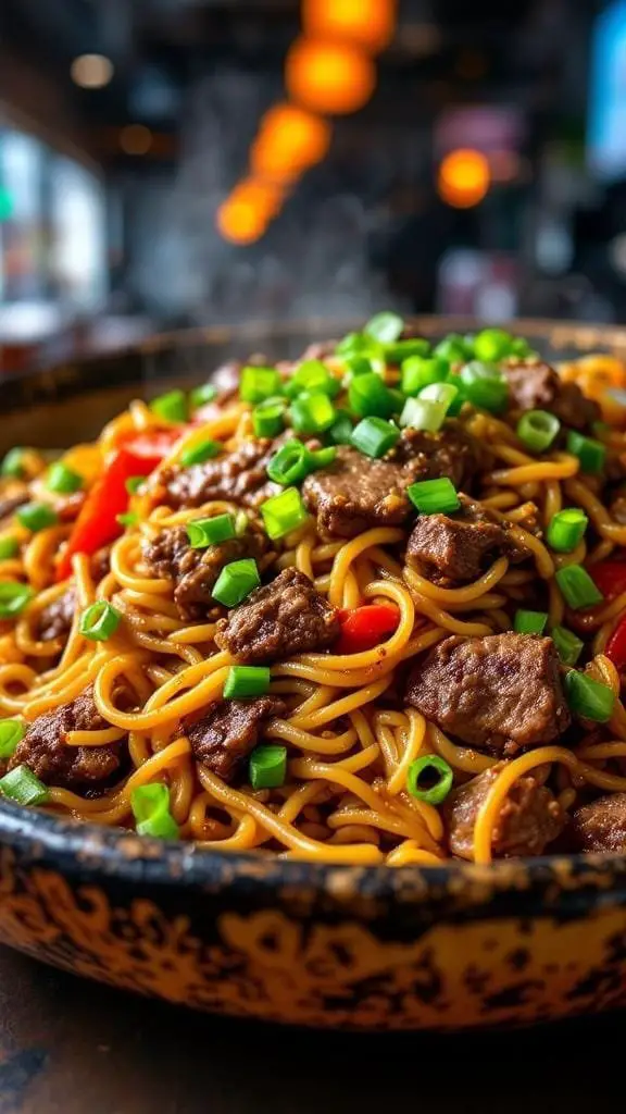 A bowl of Beef Chow Mein with green onions and colorful vegetables