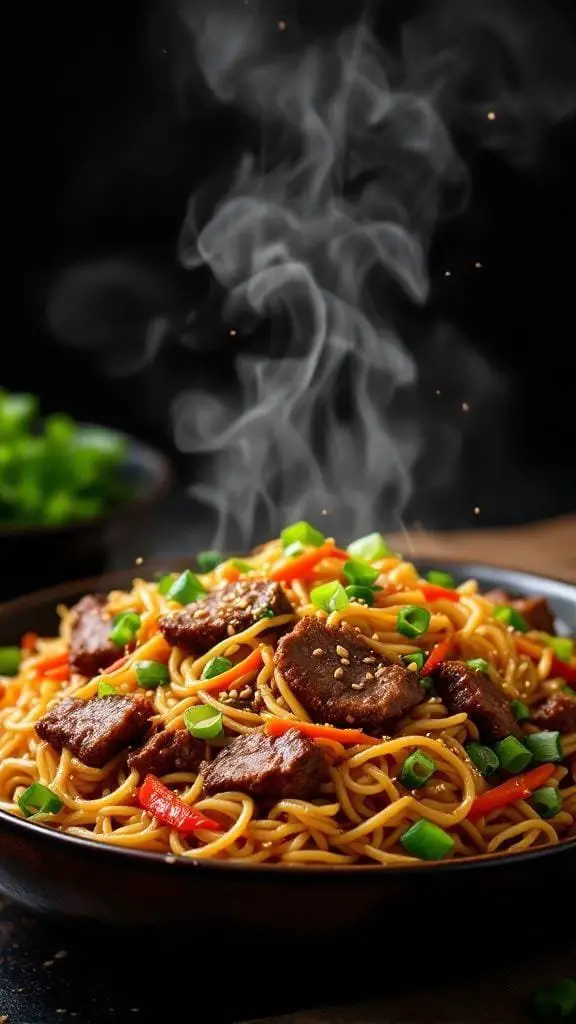 A steaming bowl of Beef Chow Mein with noodles, beef, and vegetables