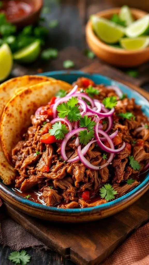 A plate of slow-cooked cochinita pibil with tortillas, garnished with onions and cilantro.