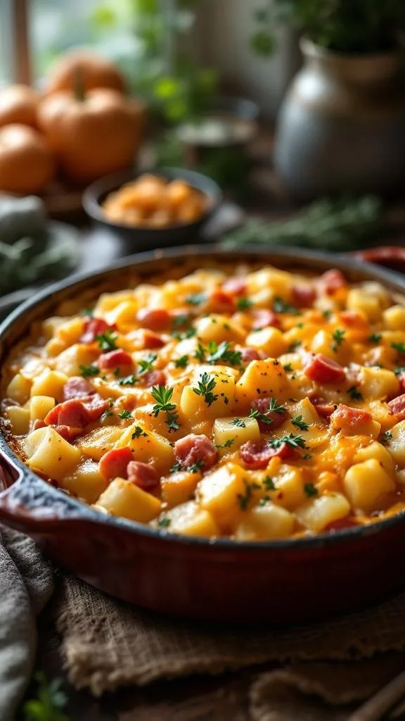 A delicious slow-cooked ham and potato casserole topped with cheese and herbs.