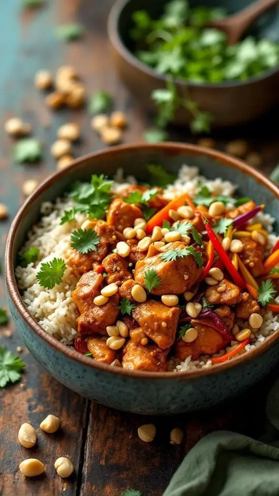 A bowl of Slow-Cooked Thai Peanut Chicken served over rice, garnished with peanuts and fresh herbs.