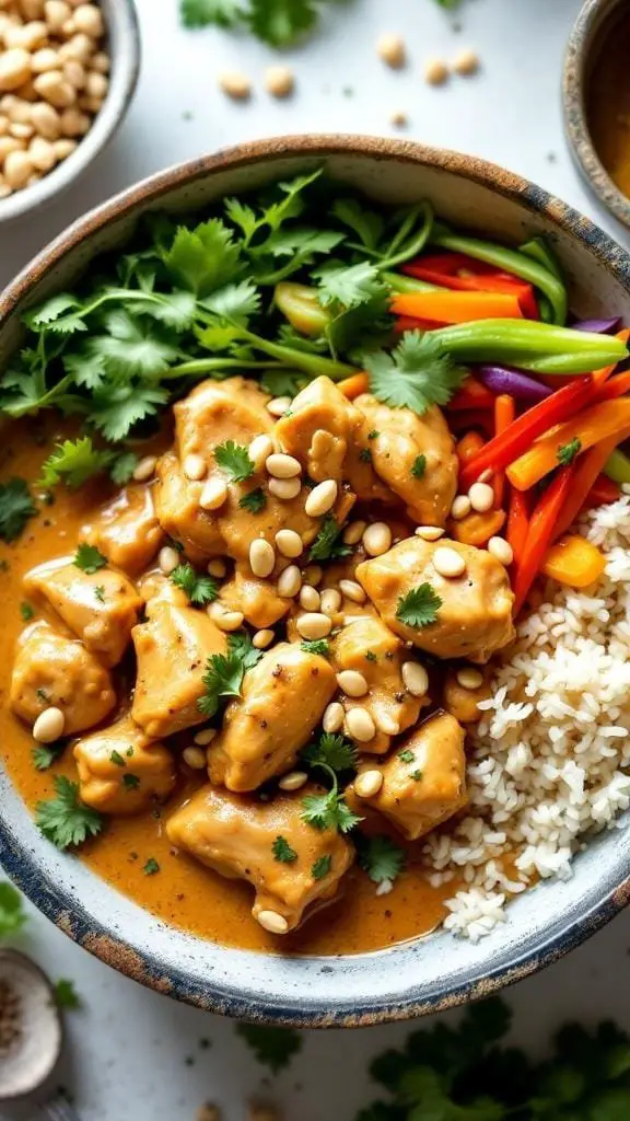 A bowl of Slow-Cooked Thai Peanut Chicken served with rice and colorful vegetables.