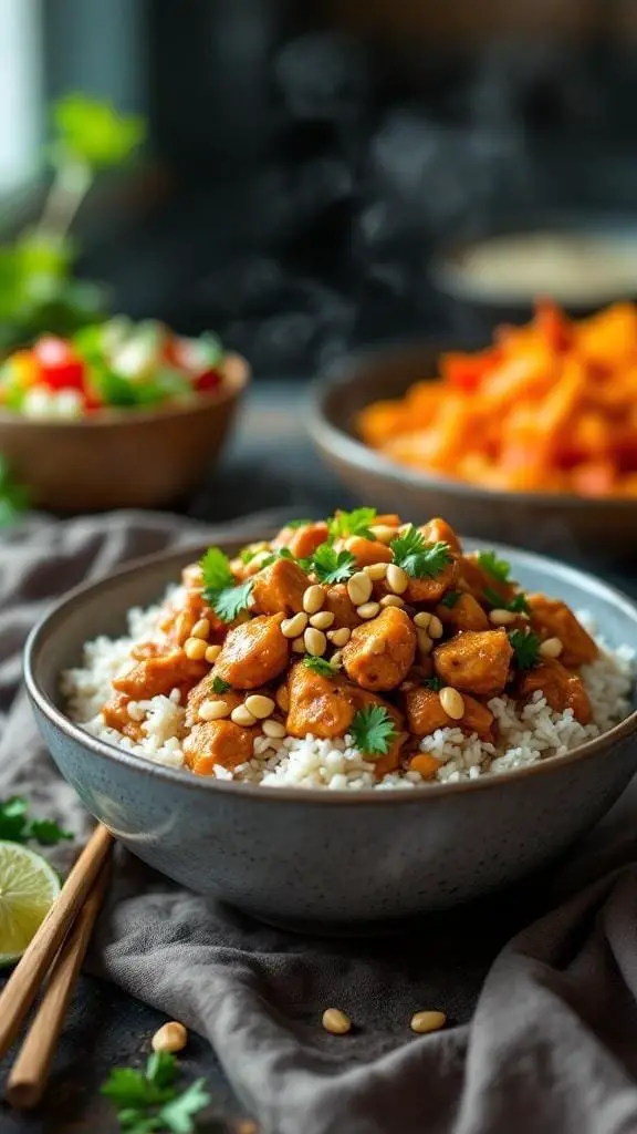 A bowl of slow-cooked Thai peanut chicken served over rice, garnished with peanuts and cilantro.