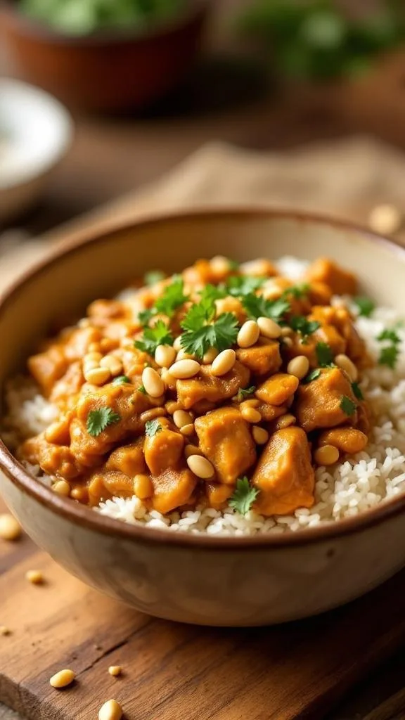 A bowl of Slow-Cooked Thai Peanut Chicken served over rice, garnished with pine nuts and cilantro.