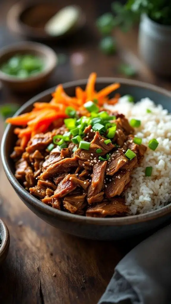Bowl of Slow Cooker Asian-Inspired Pulled Pork with rice and vegetables
