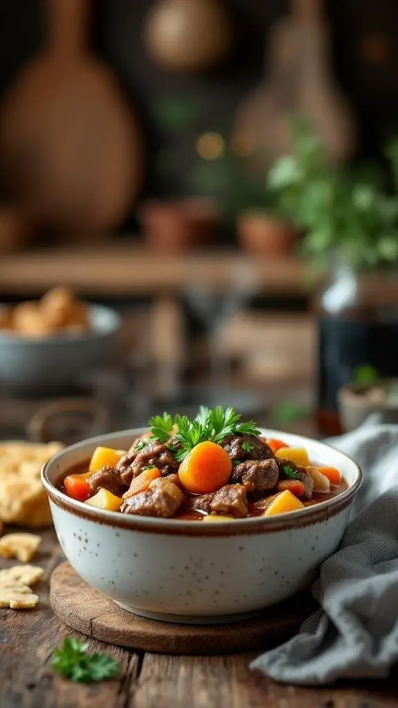 A bowl of hearty beef stew with vegetables, garnished with parsley.
