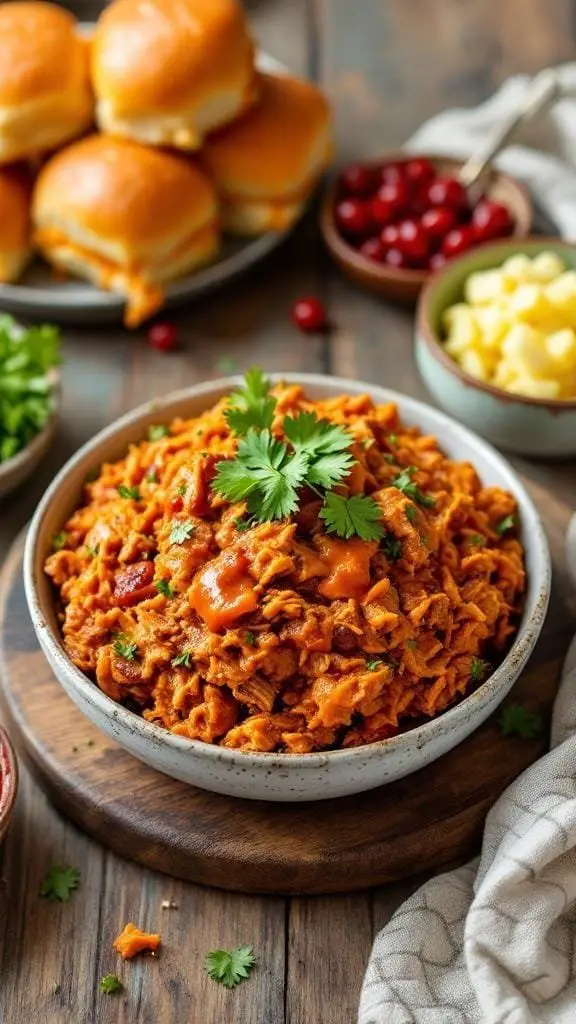 A bowl of buffalo pulled pork garnished with cilantro, served with sliders and sides.