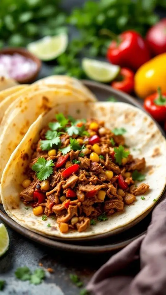 A plate of Slow Cooker Chipotle Pulled Pork served in a tortilla with colorful toppings.