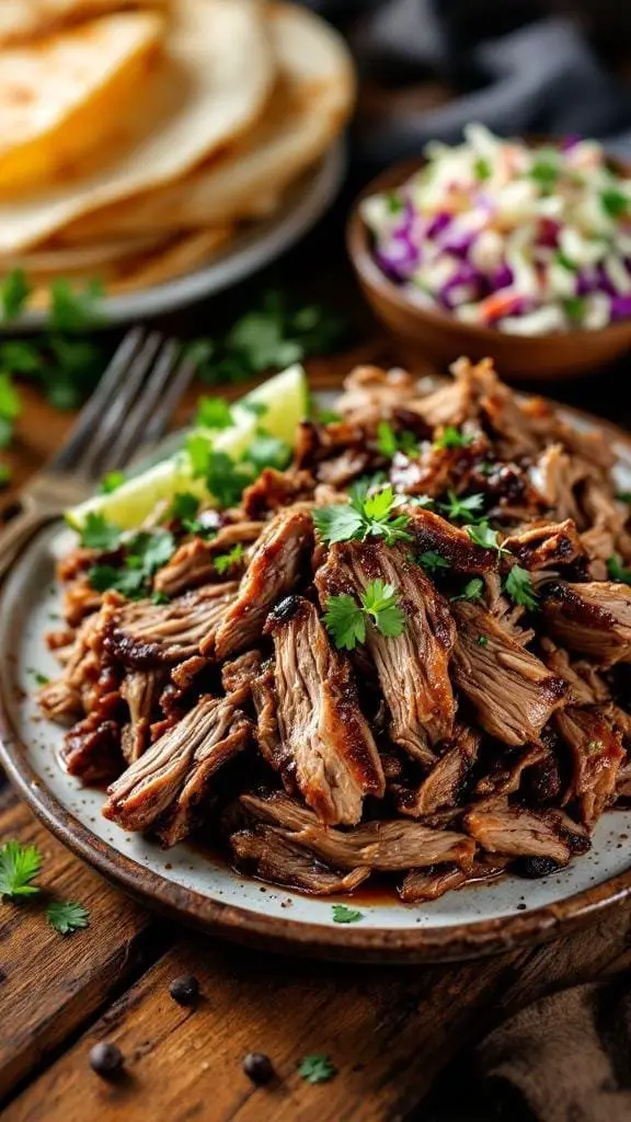 A plate of slow cooker coffee-rubbed pulled pork garnished with cilantro, served with lime and sides.