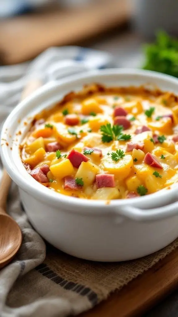 A creamy ham and potato casserole topped with cheese and parsley in a white dish.