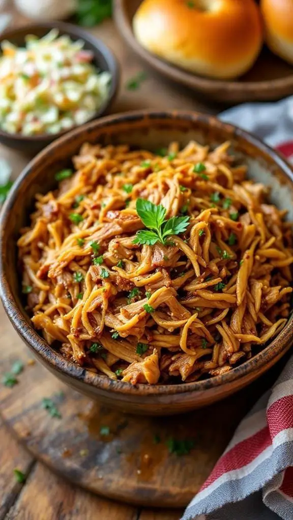 A bowl of honey garlic pulled pork garnished with parsley, served with coleslaw and buns.