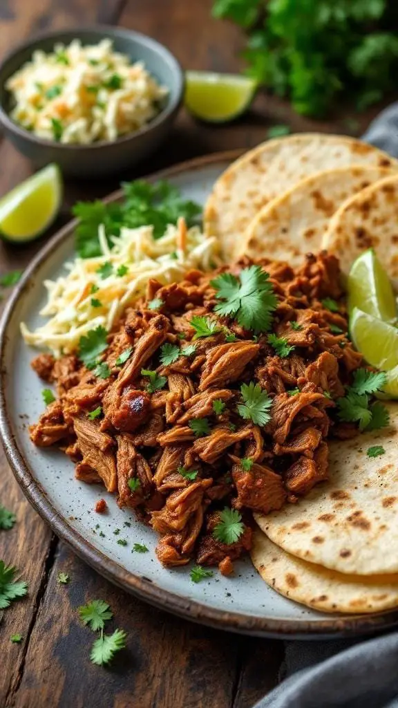 Plate of jerk spiced pulled pork with tortillas, coleslaw, and lime