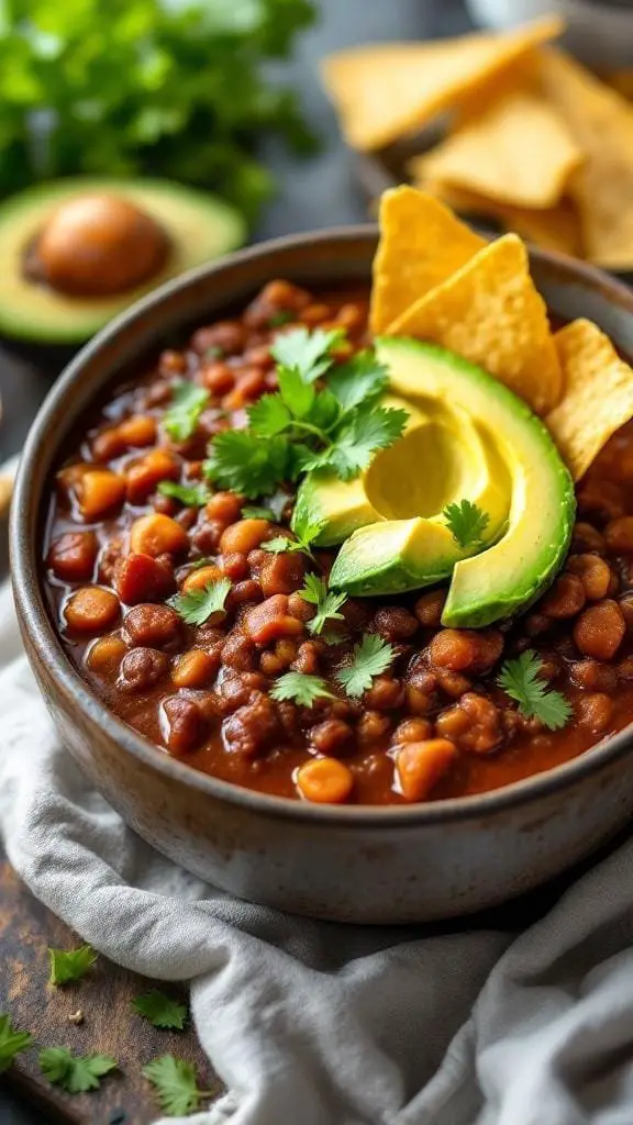 A bowl of mole chili topped with avocado slices and tortilla chips