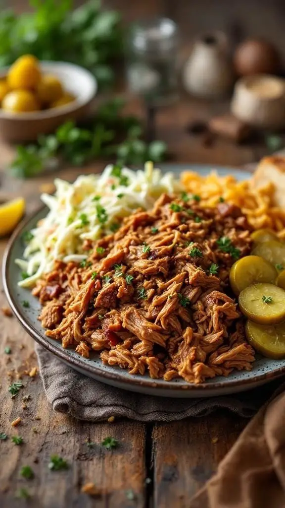 Plate of pulled pork with coleslaw and pickles