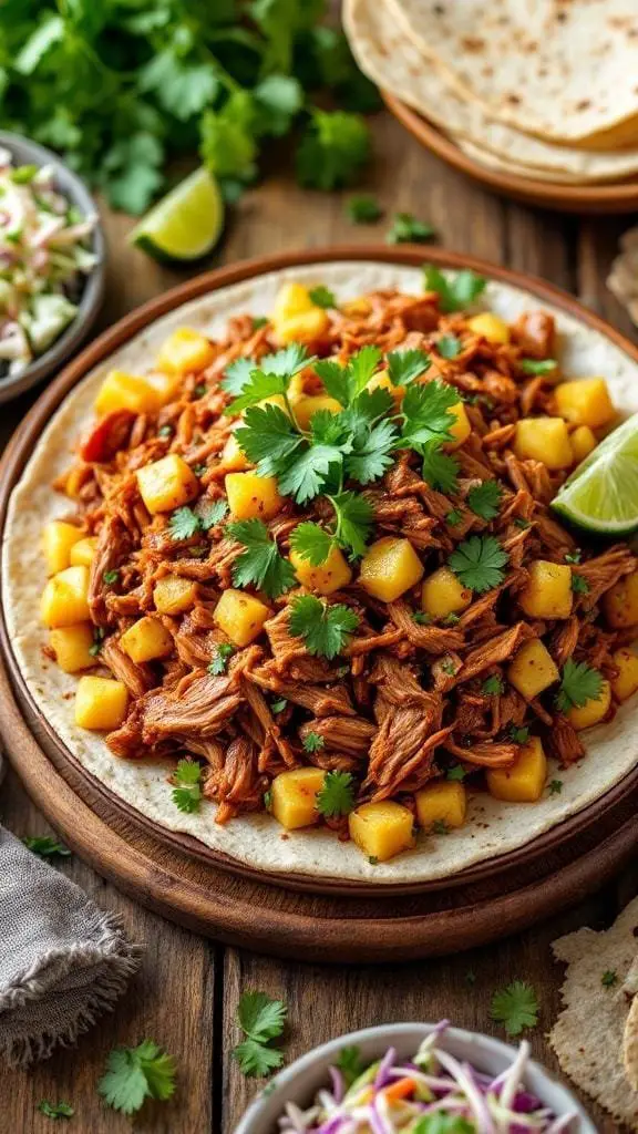 A plate of pulled pork with pineapple chunks, garnished with cilantro, served with tortillas and lime.