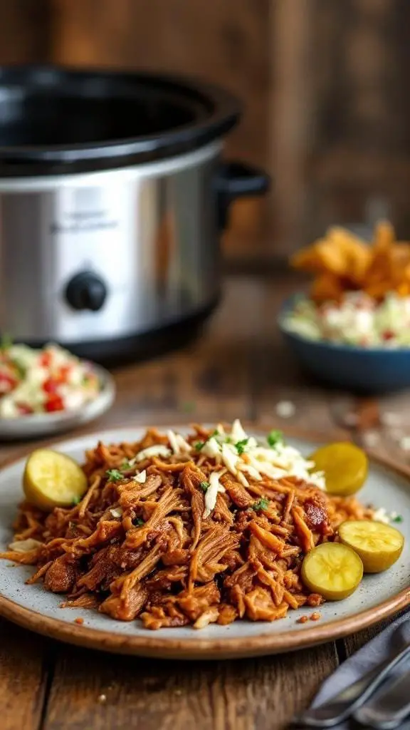 Plate of root beer pulled pork with pickles, served with a slow cooker in the background.
