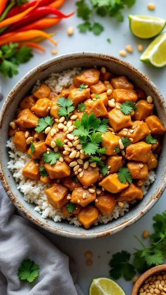 A bowl of Thai peanut chicken served over rice, garnished with cilantro and pine nuts.