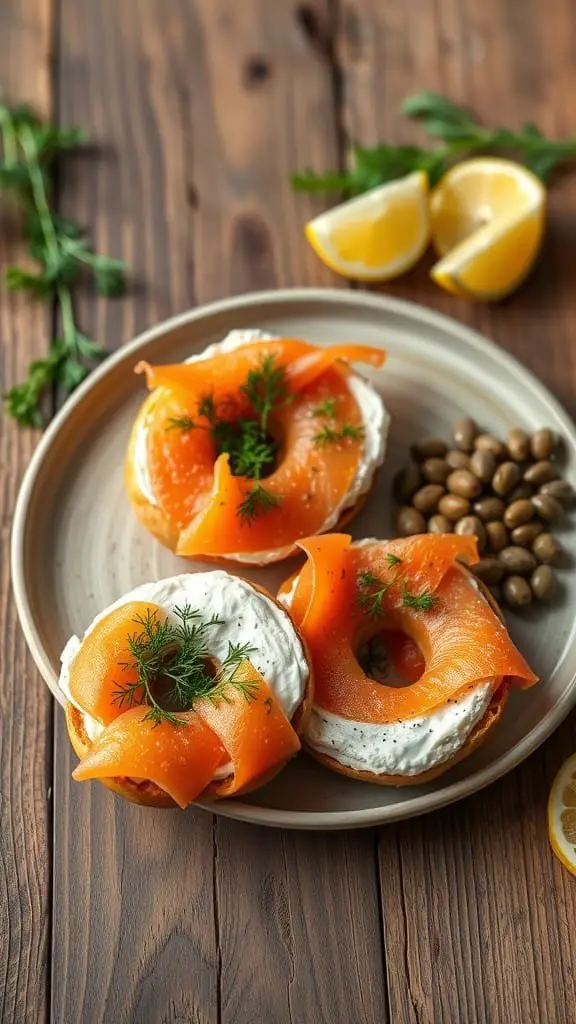 Smoked salmon and cream cheese bagels with dill on a plate