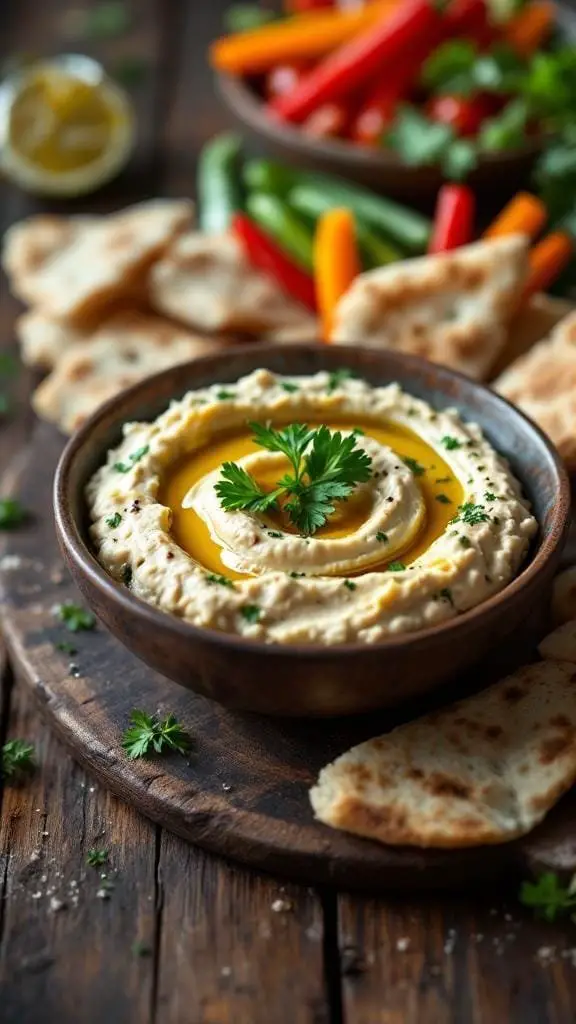 A bowl of smoky baba ganoush served with pita bread and fresh vegetables.