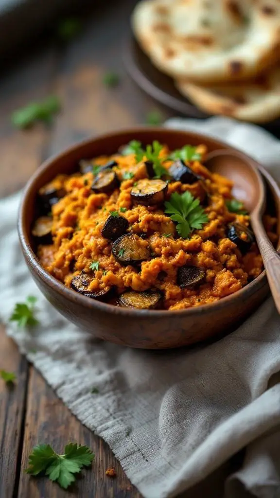 A bowl of Smoky Baingan Bharta with roasted eggplant, garnished with cilantro
