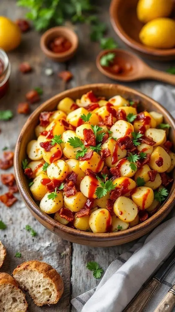 A bowl of smoky barbecue potato salad with bacon and parsley on a rustic wooden table.