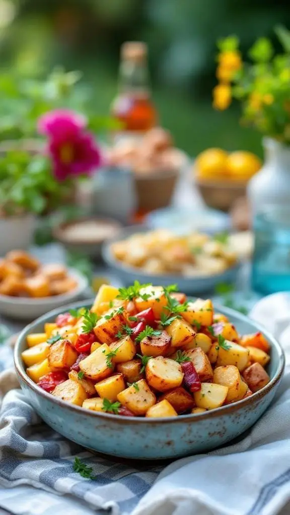 A bowl of smoky barbecue potato salad garnished with fresh herbs, surrounded by colorful flowers and a sunny outdoor setting.
