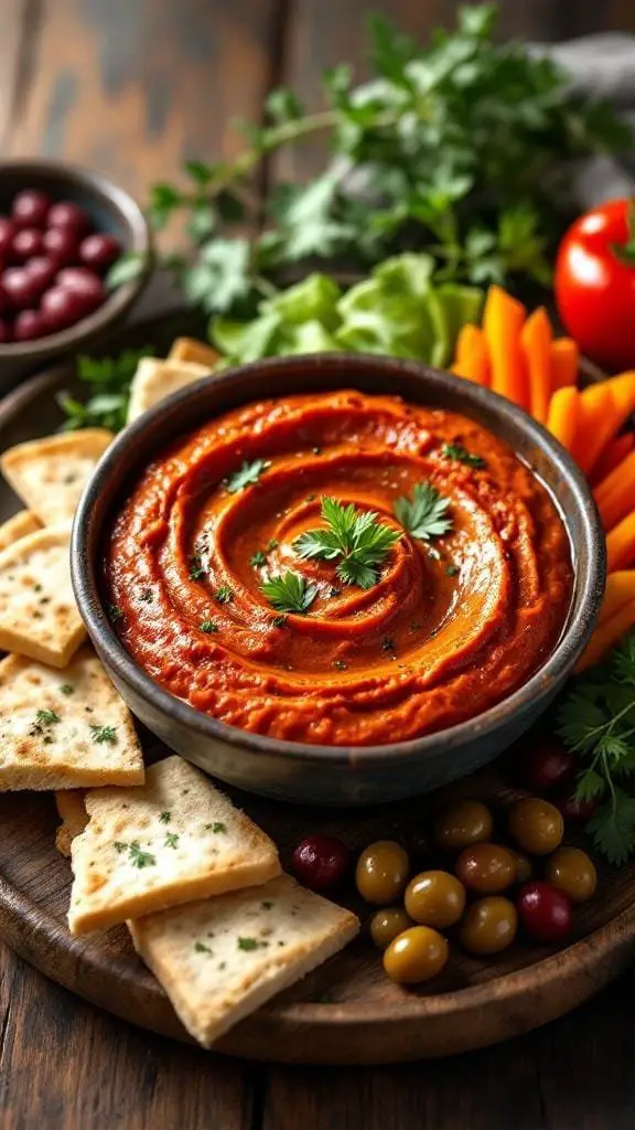 A bowl of smoky roasted red pepper dip surrounded by pita chips, olives, and fresh vegetables.