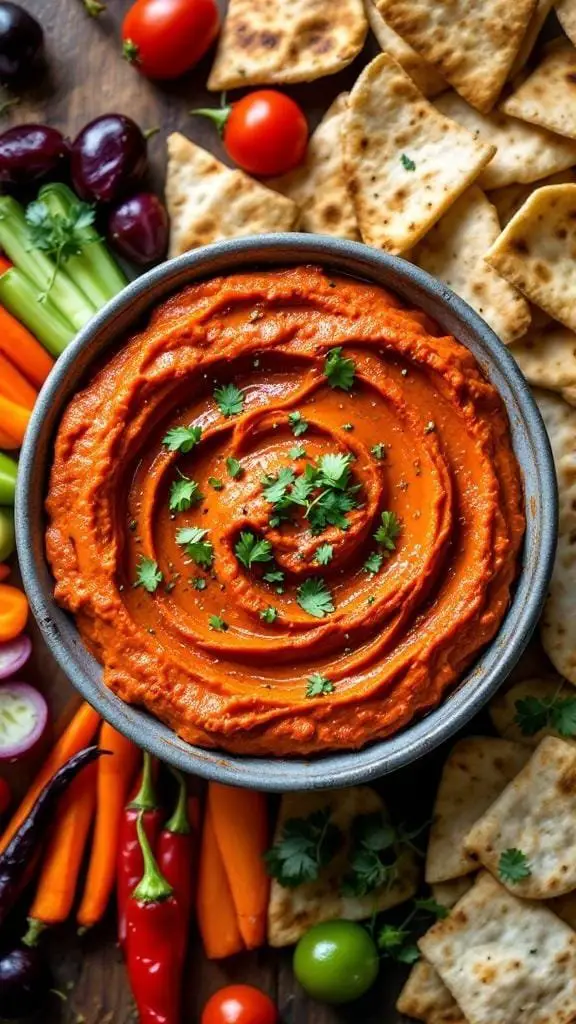 A bowl of Smoky Roasted Red Pepper Dip surrounded by colorful vegetables and pita chips