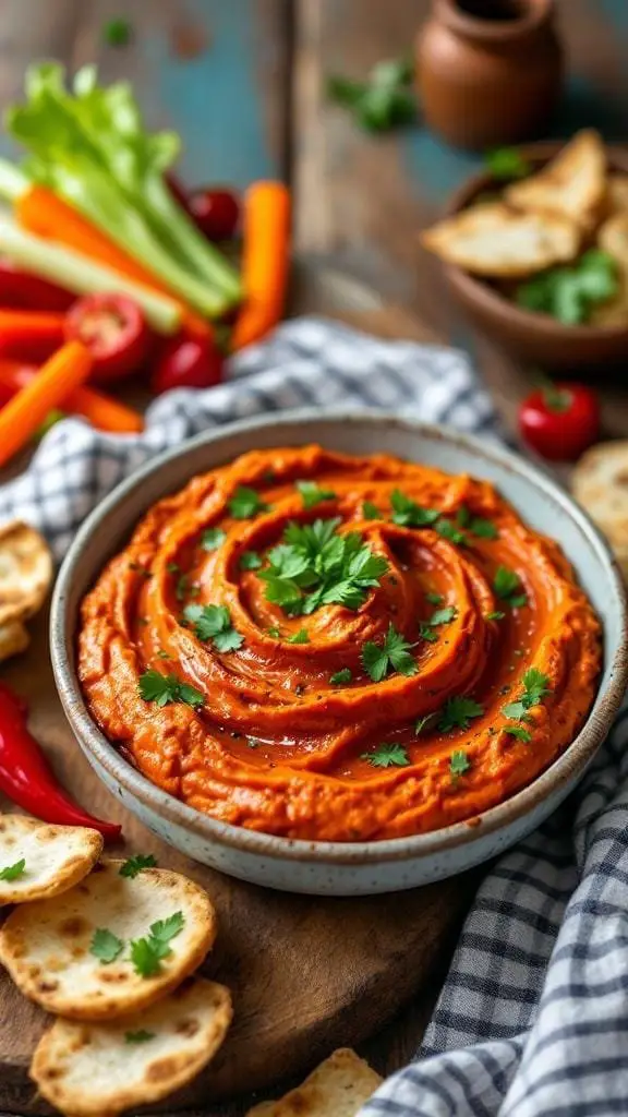A bowl of Smoky Roasted Red Pepper Dip garnished with herbs, surrounded by pita chips and fresh vegetables.