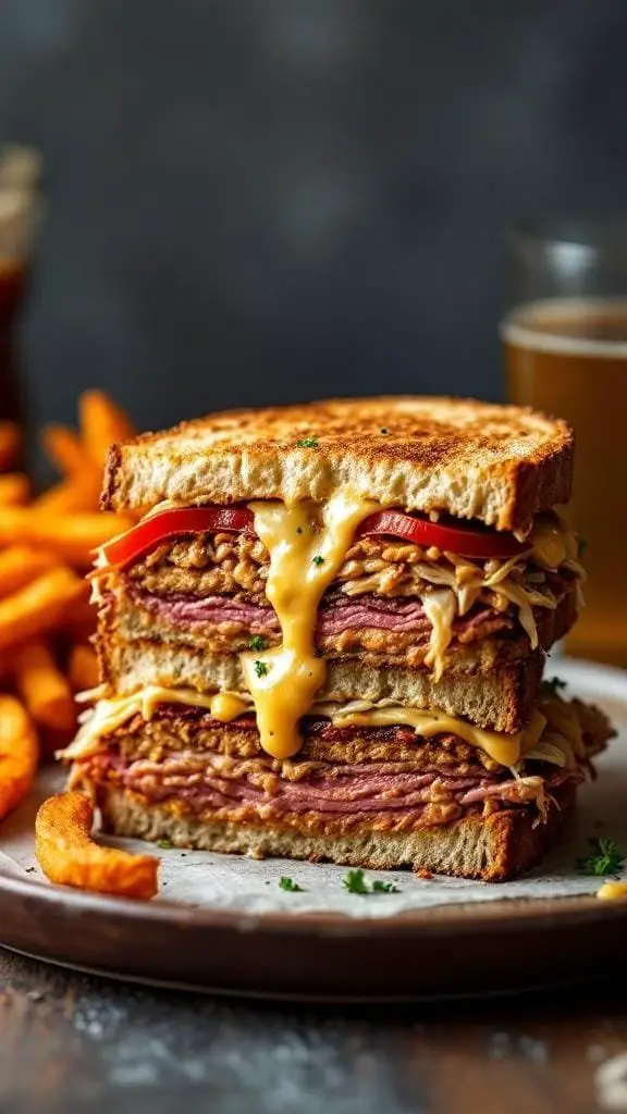 A delicious Smoky Vegan Tempeh Reuben Sandwich stacked high with ingredients, served with sweet potato fries.