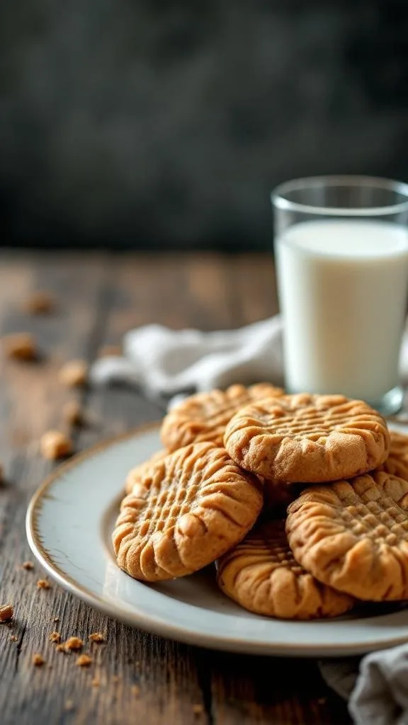 A plate of soft and chewy peanut butter cookies with a glass of milk