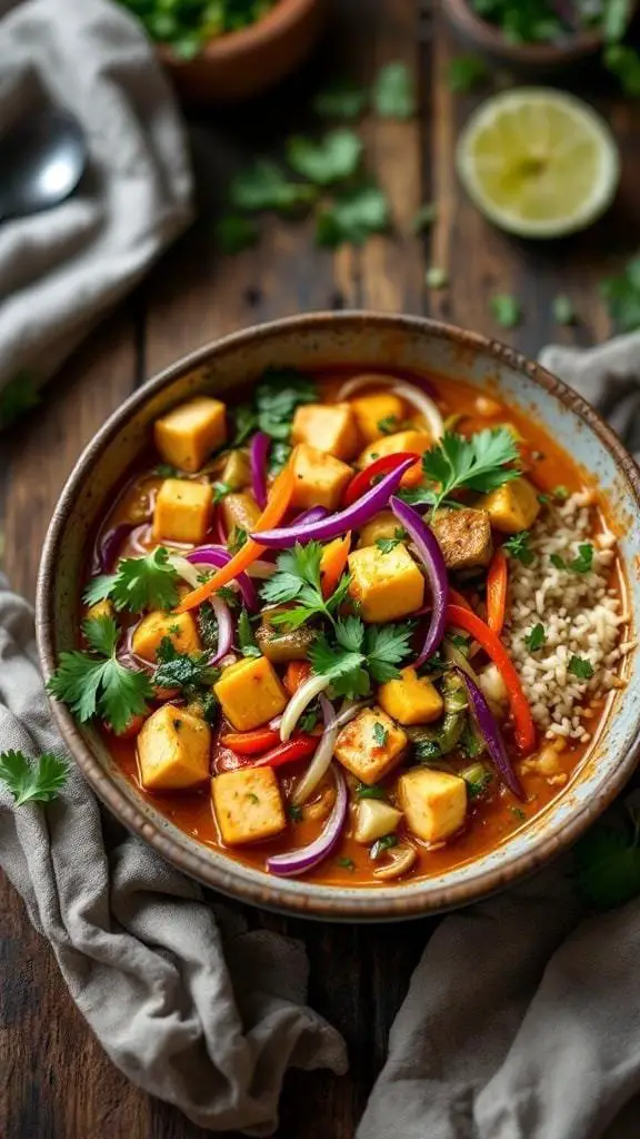 A bowl of Vietnamese vegetarian curry with tofu, colorful vegetables, and herbs.
