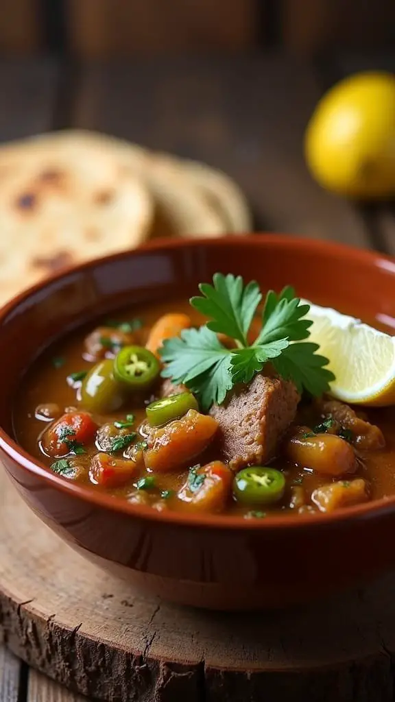 A bowl of New Mexican Green Chile Stew garnished with parsley and lime, served with bread.