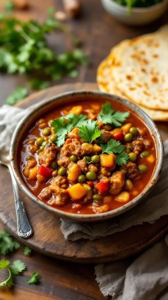 A bowl of New Mexican Green Chile Stew garnished with cilantro, served with flatbread.